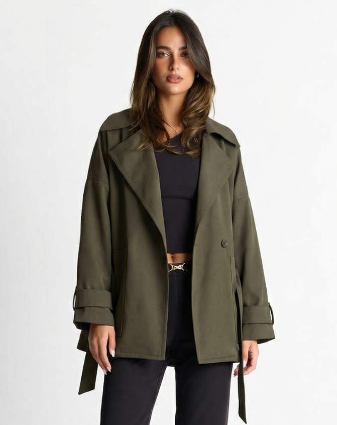 Xena | Casual Relaxed Linen Jacket Green Belted Long