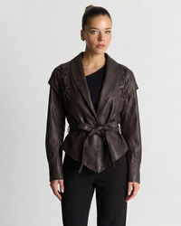 Camille | Leather Jacket Brown Belted Shawl Collar Fitted