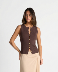 Opal | Sleeveless Cardigan Brown Ribbed Knitted Button Front Fitted