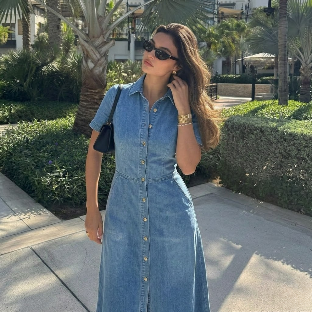 Genevieve denim shirt dress styling detail 2