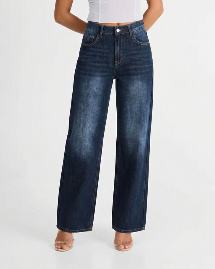 Nola | High Waisted Wide Leg Jeans Dark Blue Faded