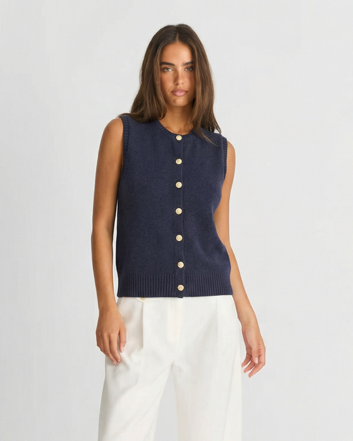 Neve | Knitted Vest Top Navy Sleeveless Button Front