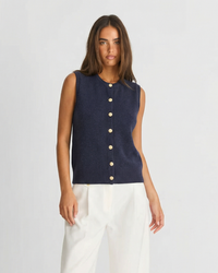 Neve | Knitted Vest Top Navy Sleeveless Button Front