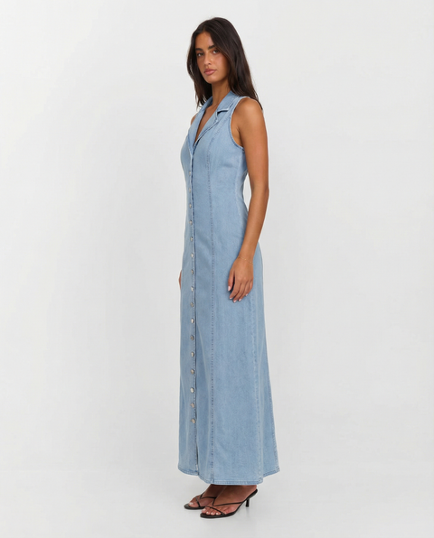 Arabella | Collared V-Neck Button-Front Denim Maxi Dress