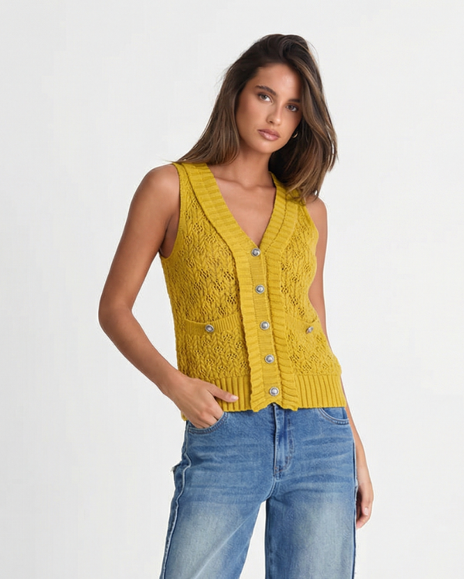 Sia | Knitted Top Yellow Sleeveless V Neck Button Front Crochet Lace