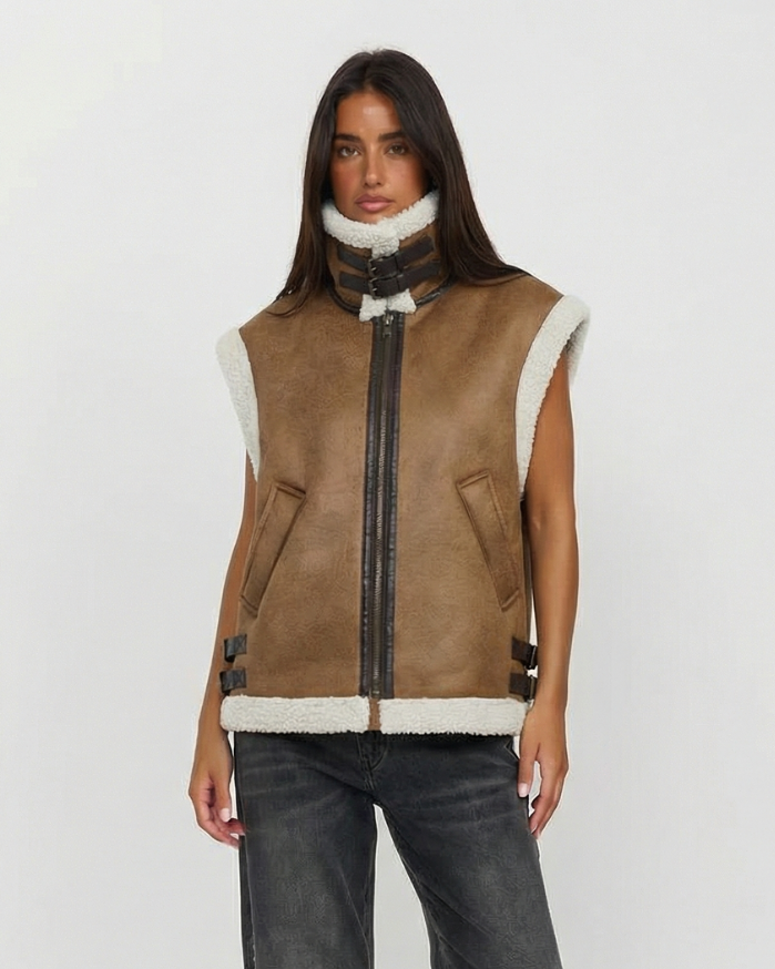 Sia | Aviator Jacket Shearling Brown Cream Sleeveless Faux Fur Gilet