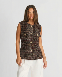 Sia | Elegant Sleeveless Tweed Blazer Brown Belted Button Front