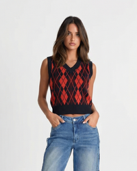 Sia | Knitted Vest Red Argyle Sleeveless V Neck