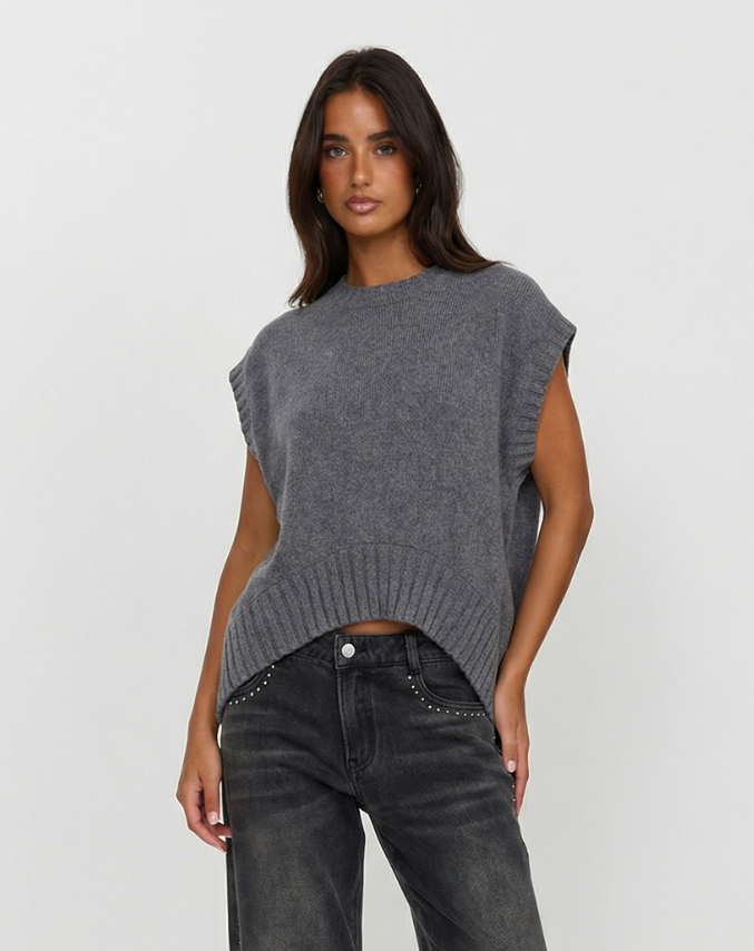 Edie | Knitted Vest Top Grey Sleeveless Oversized Ribbed