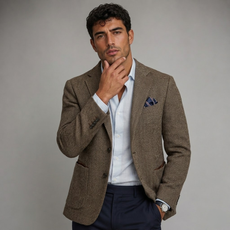 Maddox | Single Breasted Herringbone Wool Tweed Blazer