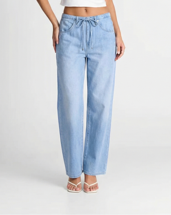 Camille | Summer Wide Leg Jeans Light Blue Drawstring High Waisted