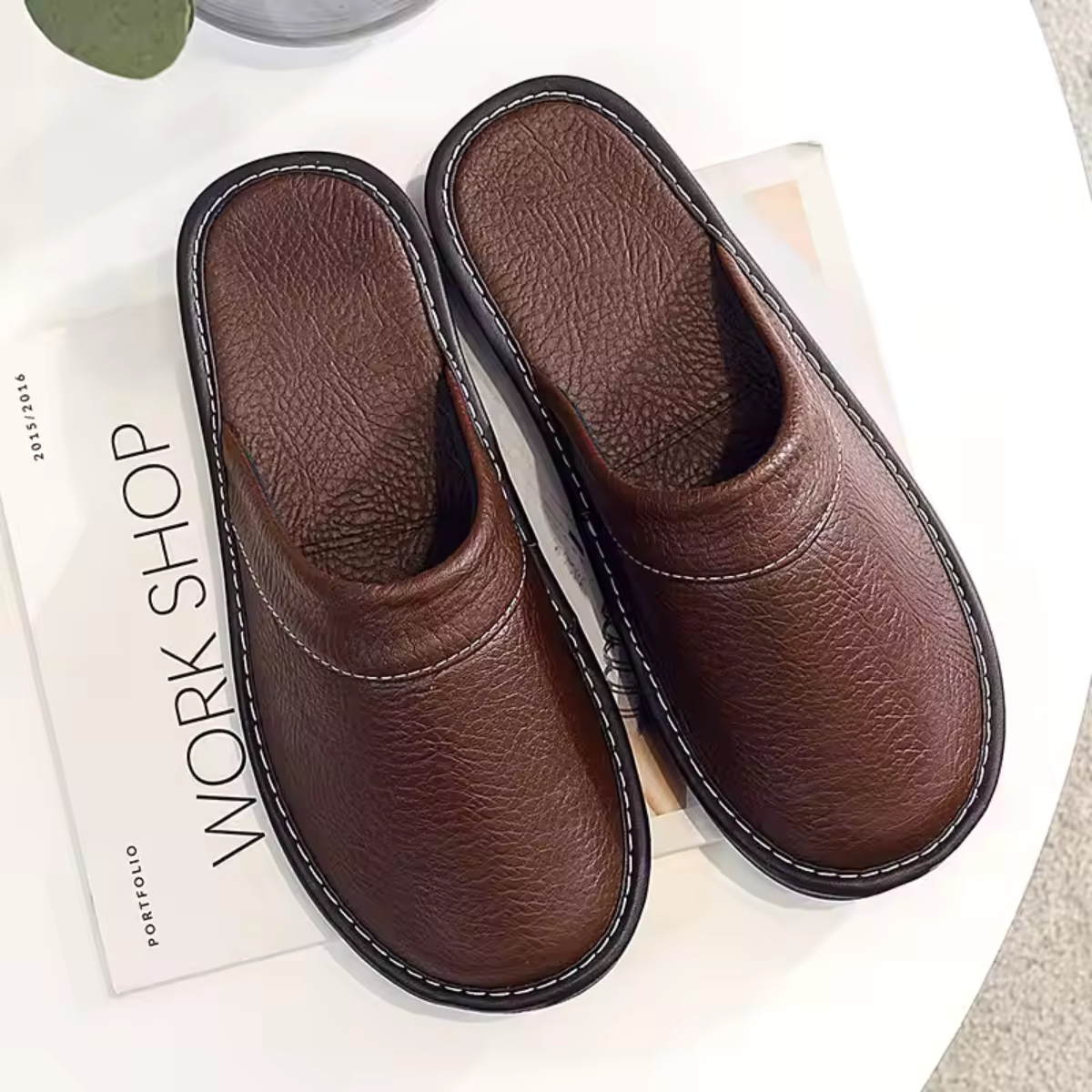 Burnaby leather slip on house shoes in Brown