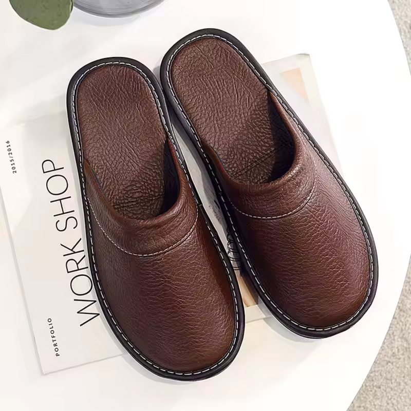 Burnaby leather slip on house shoes in Brown