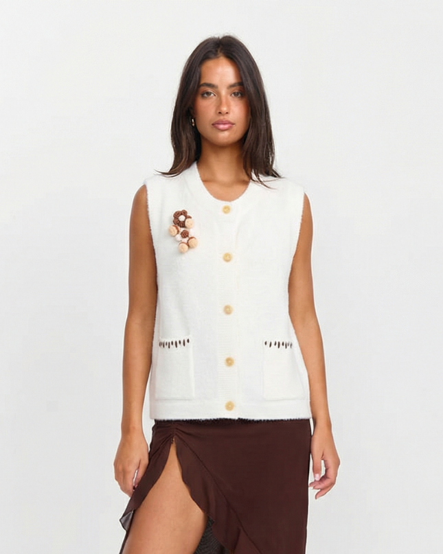 Sia | Sleeveless Blazer Cream Vest Top Pocket Detail