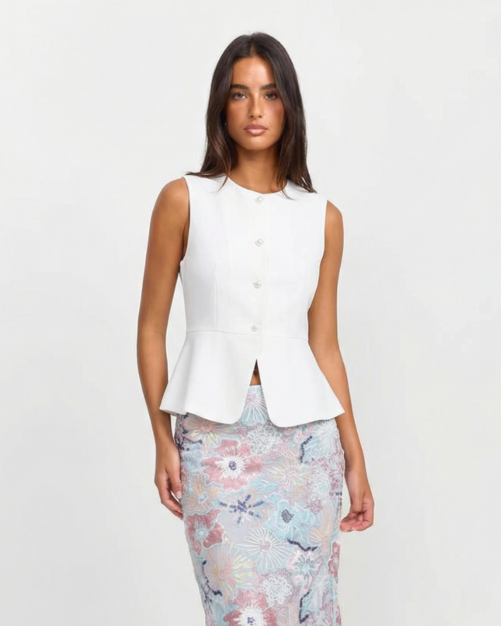 Ines | Smart Casual Peplum Top White Sleeveless Fitted Crew Neck