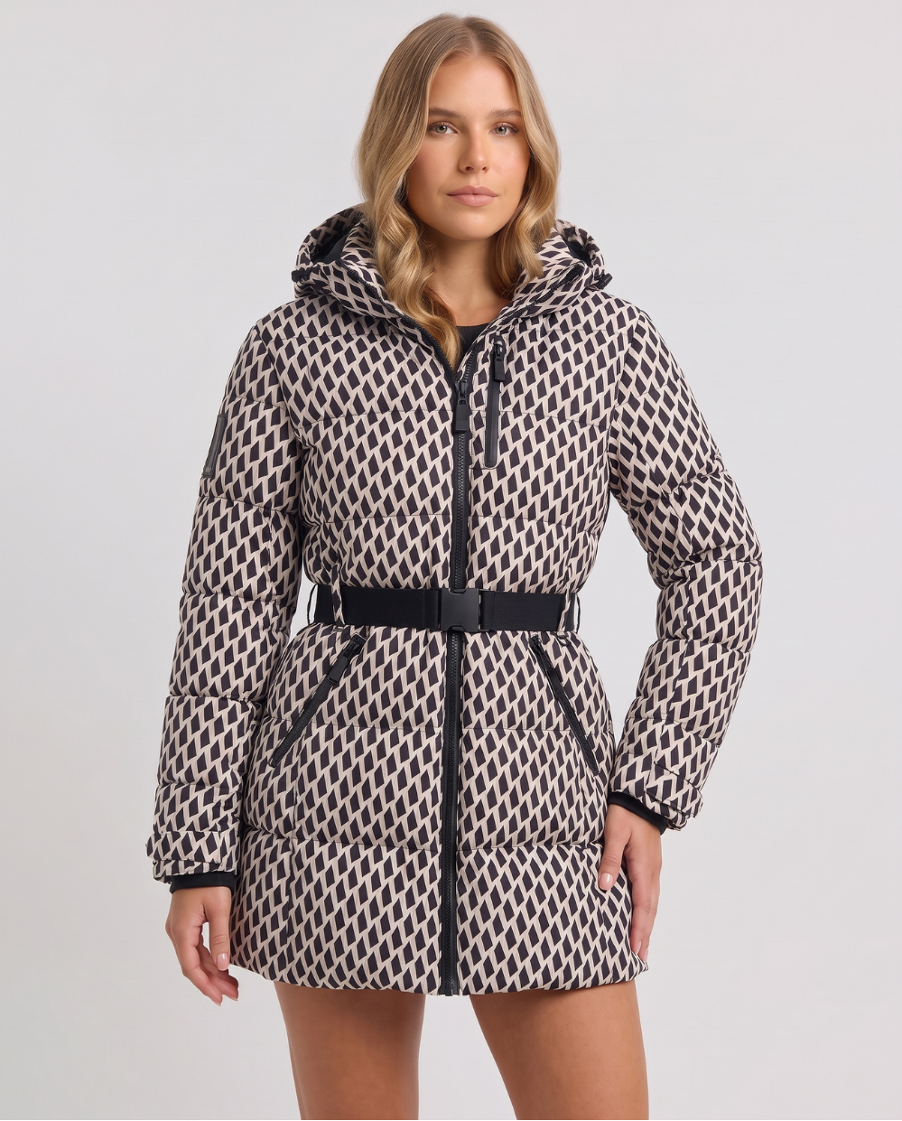 Malvina | Women's Hooded Belted Puffer Jacket Geometric and Black