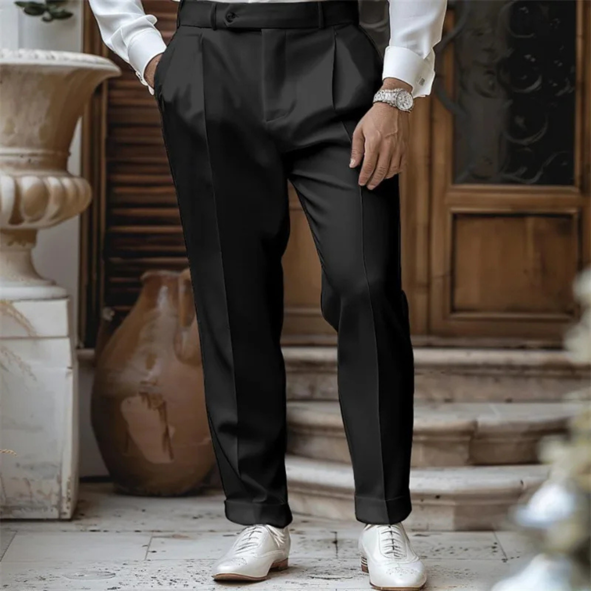 Hadleigh pleated dress trousers in Black