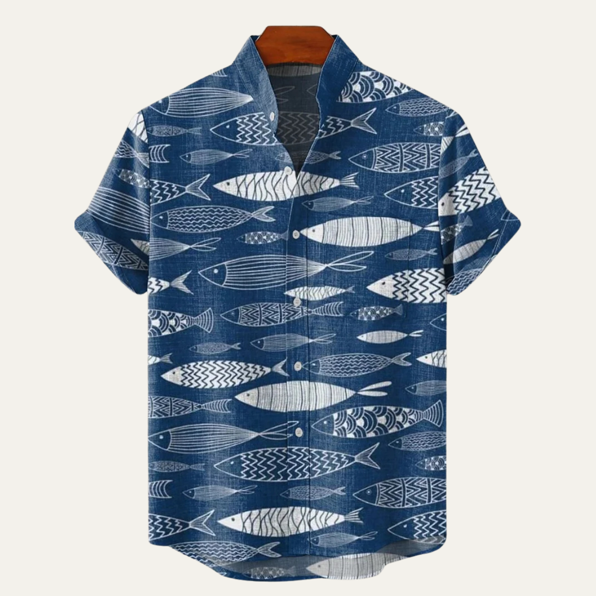 Rhodes men's navy fish print camp collar short sleeve shirt