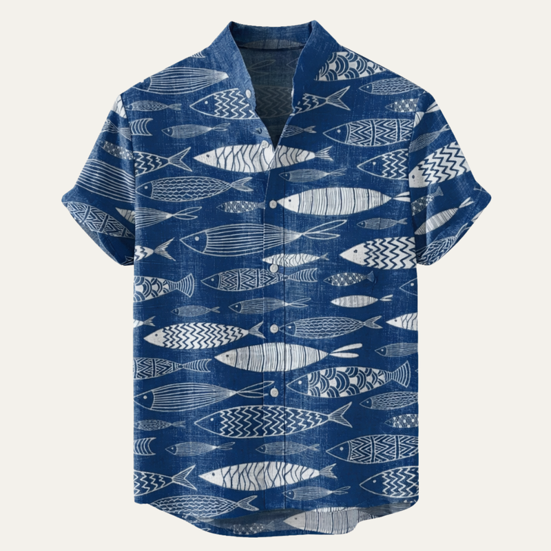 Rhodes shirt camp collar and print detail
