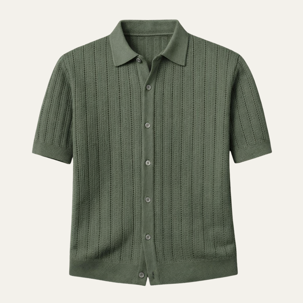 Hollis ribbed knit button-up shirt collar and placket detail