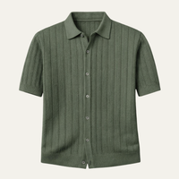 Hollis ribbed knit button-up shirt collar and placket detail