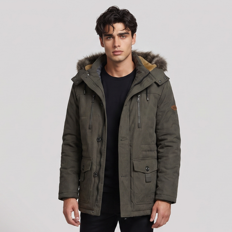 Deverell | Men's Puffer Jacket Charcoal Fur Hooded Winter Coat