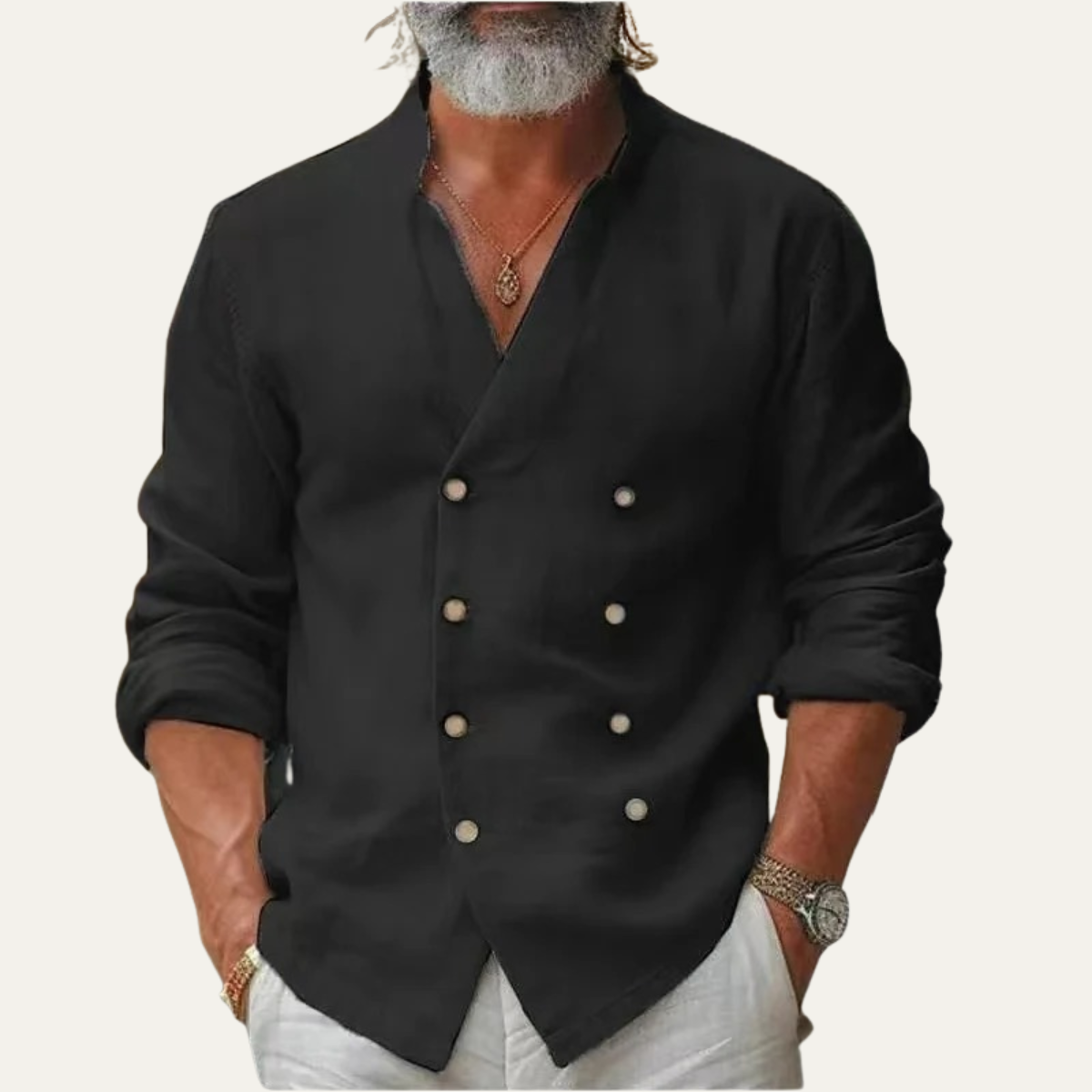Wilder men's double breasted linen shirt in Black