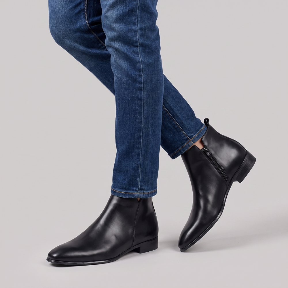 Caxton | Men's Black Leather Chelsea Ankle Boots Zip