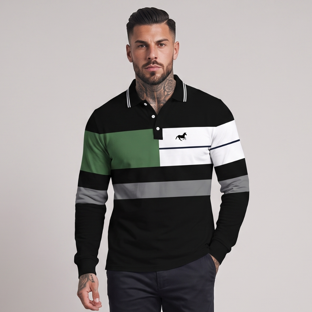 Dane | Men's Striped Colour Block Polo Shirt Black Green White