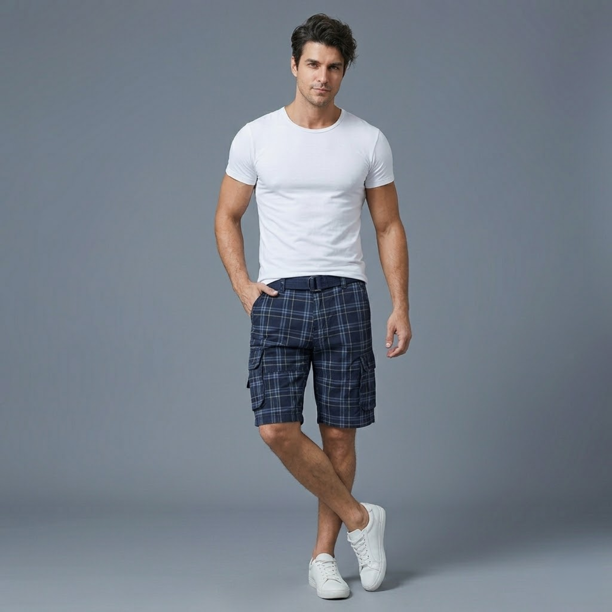 Glenn Plaid Cargo Shorts Navy Blue