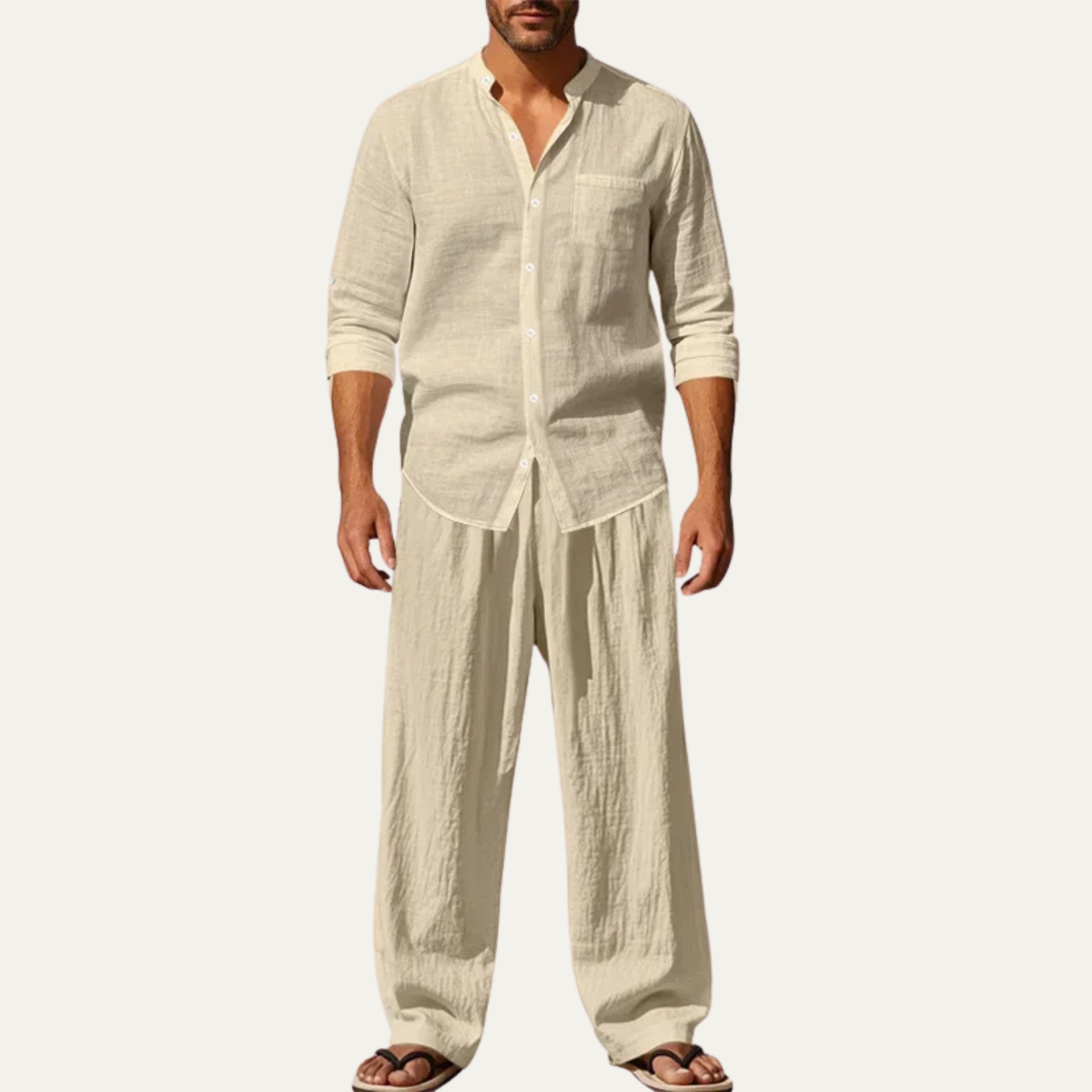 Reeve men's linen lounge set shirt and wide leg trousers in Khaki