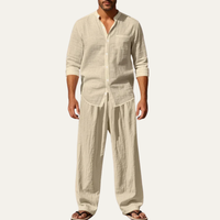 Reeve men's linen lounge set shirt and wide leg trousers in Khaki