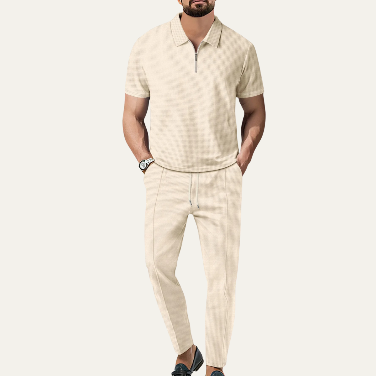 Halstead waffle knit sweatsuit set in Beige