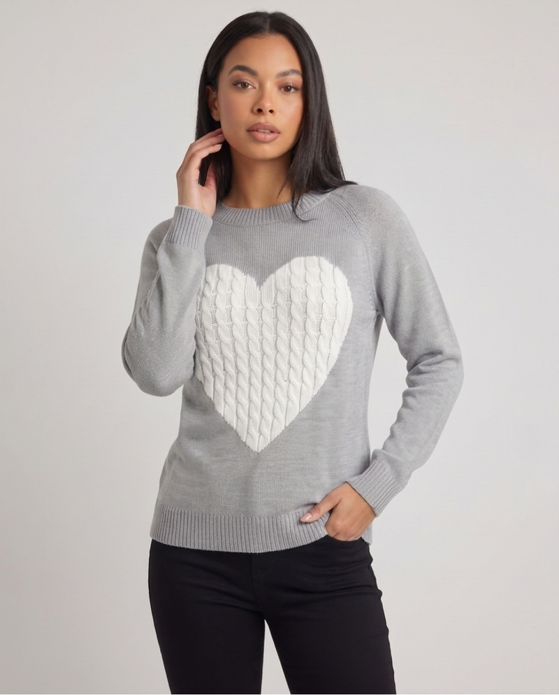 Serafina | Women's Heart Motif Crew Neck Jumper Grey