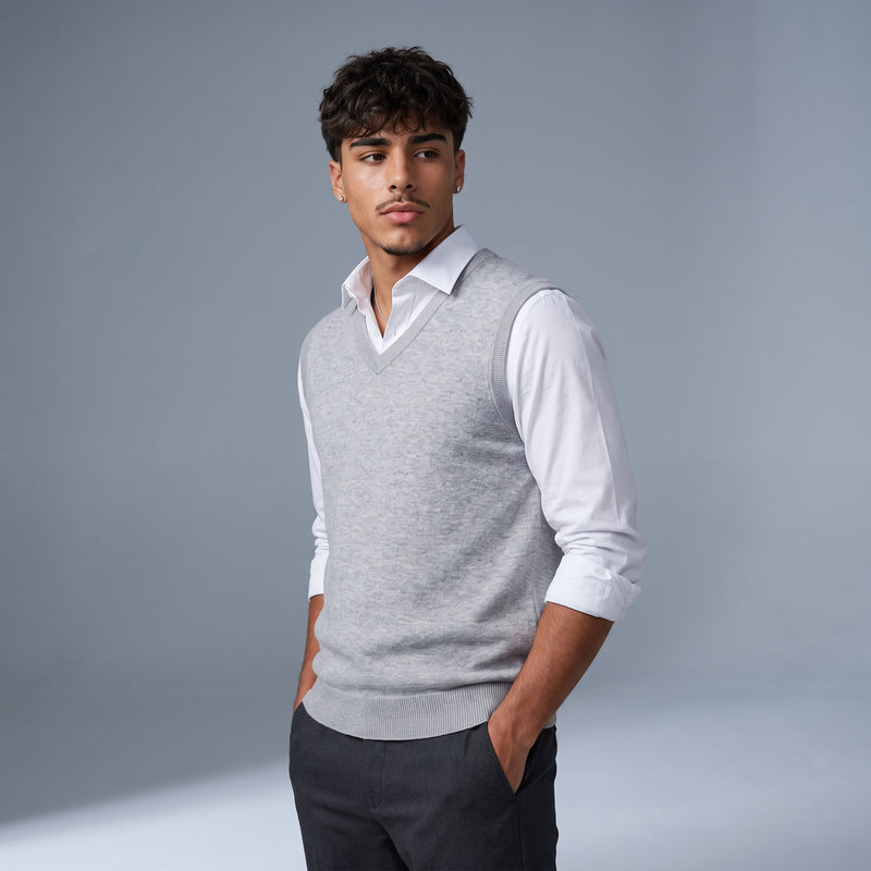 Moses Men's Classic V Neck Knit Gilet Light Grey