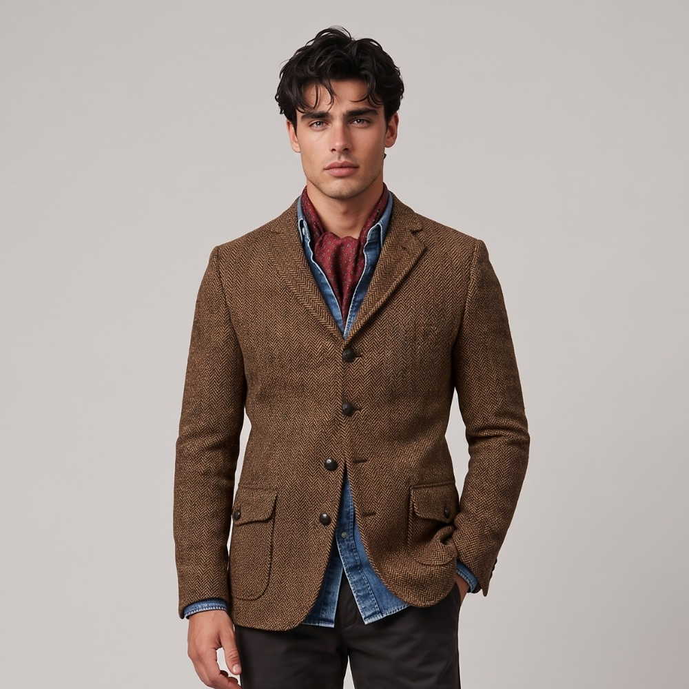 Chesterton | Men's Tweed Herringbone Blazer Brown Single Breasted