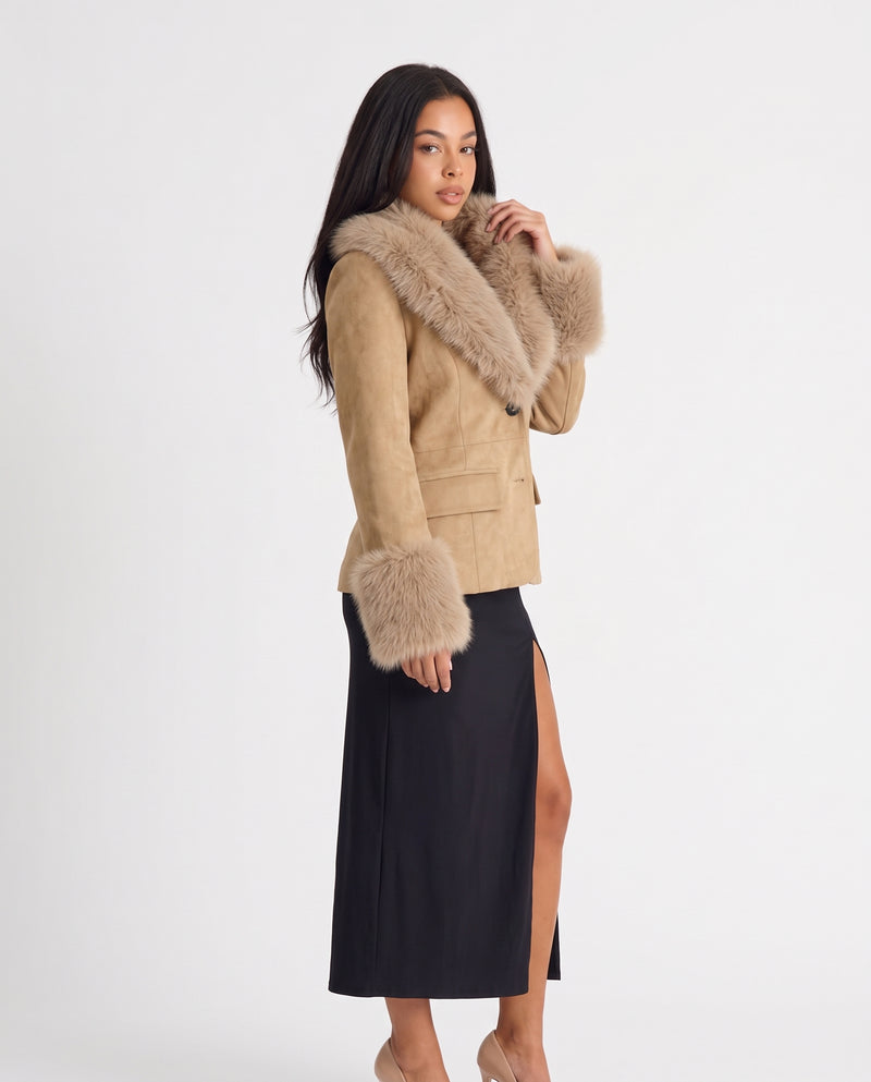 Primrose cropped faux suede jacket camel faux fur collar