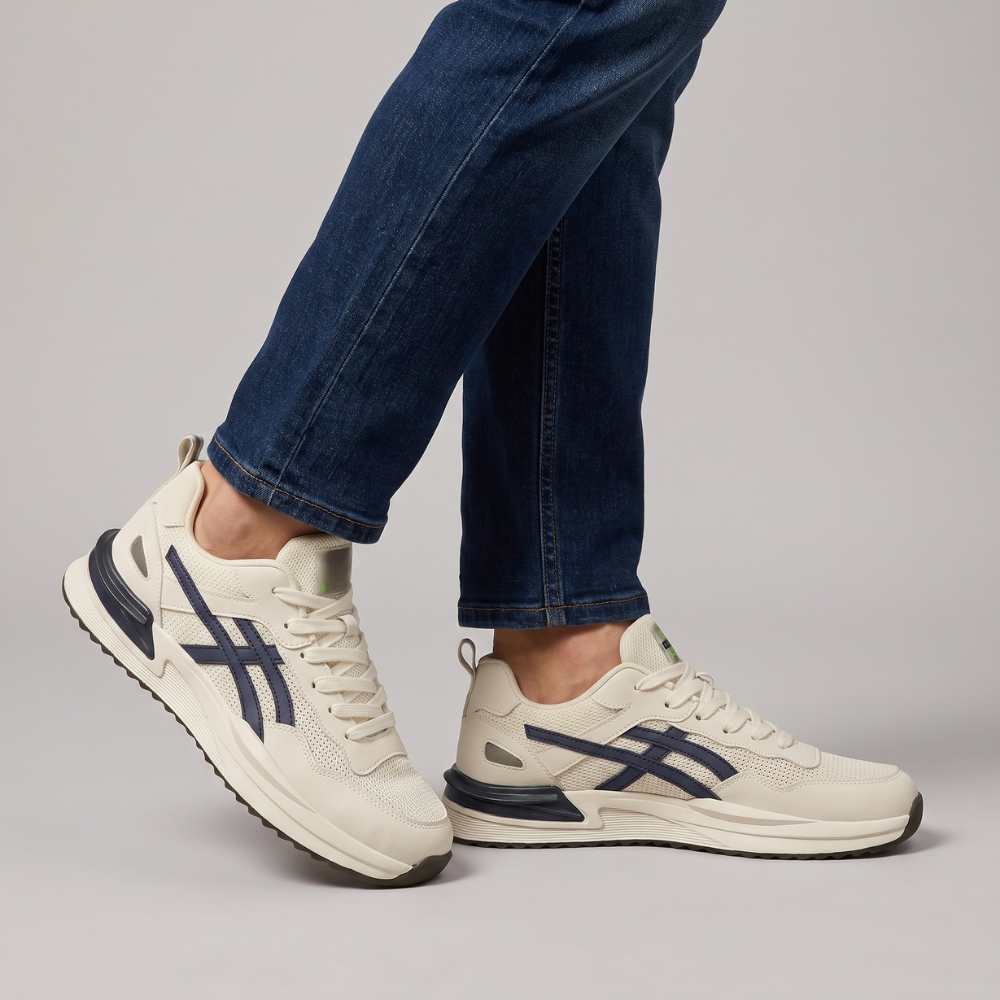 Bromley | Men's Cream Navy Mesh Lace Up Runner Sneaker