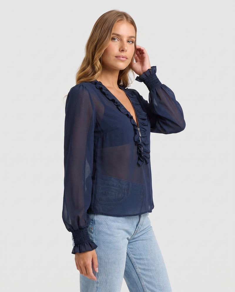 Ophelia Ruffle V Neck Blouse Navy - side
