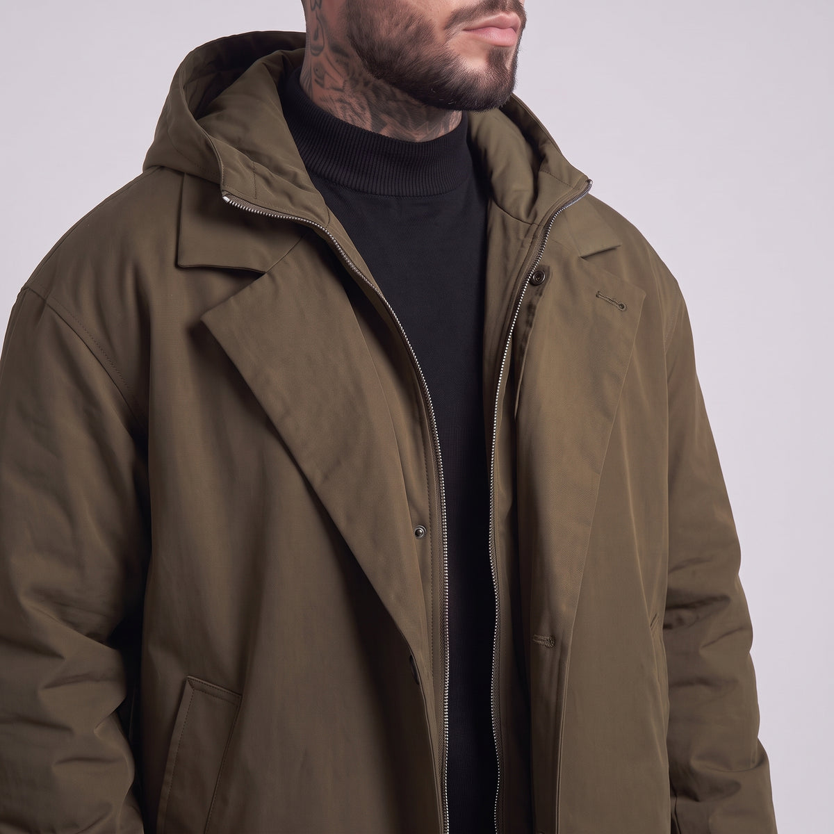 Salisbury Men's Convertible Trench Coat Green fabric close-up