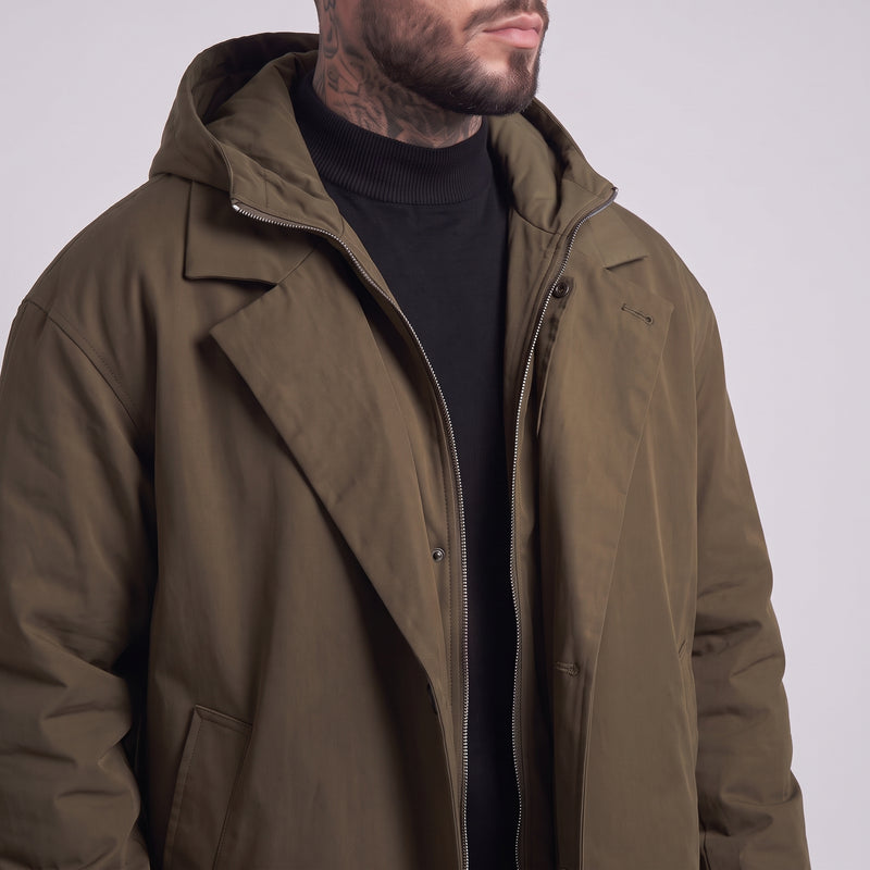 Salisbury Men's Convertible Trench Coat Green fabric close-up