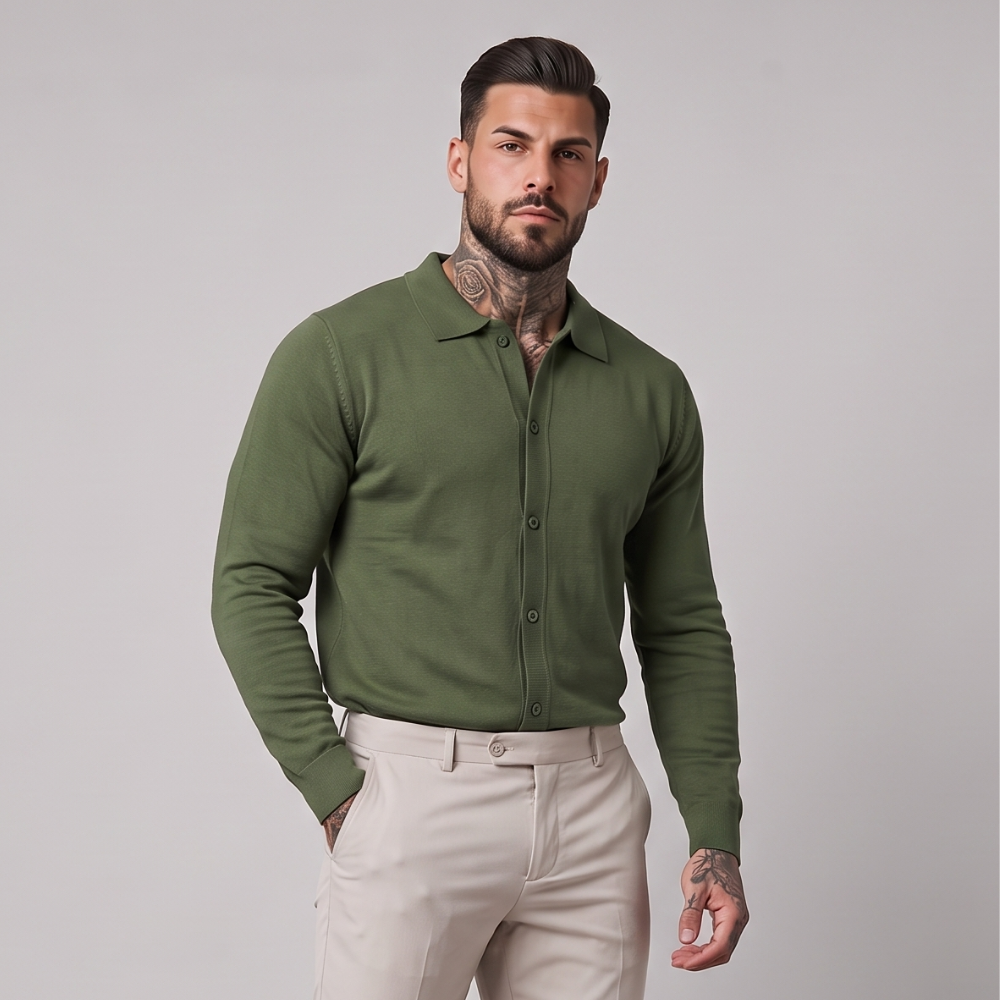 Keegan | Long Sleeve Button Up Knit Polo Shirt
