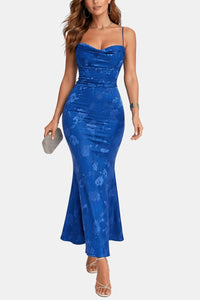Spaghetti strap floral blue maxi dress, front view