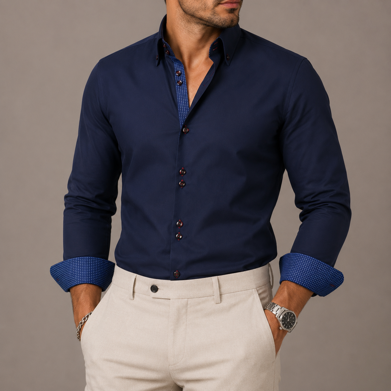 Nathan | Contrast Trim Button Down Cotton Dress Shirt