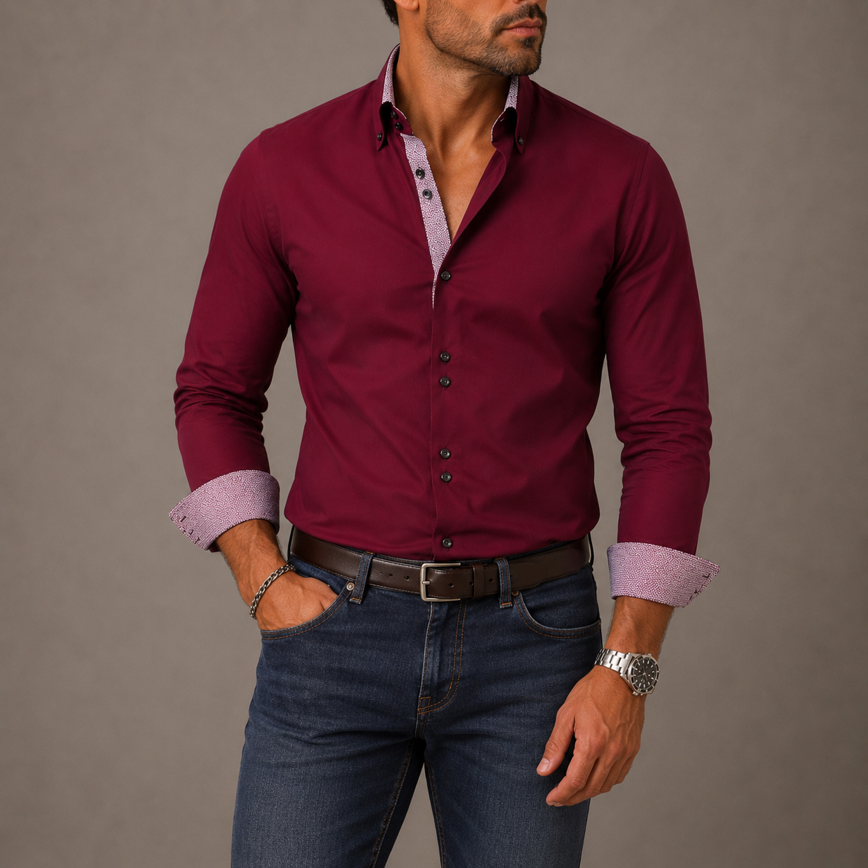 Nathan | Contrast Trim Button Down Cotton Dress Shirt