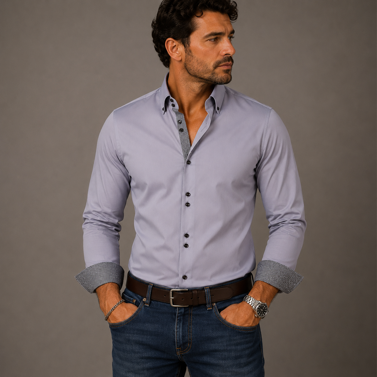 Nathan | Contrast Trim Button Down Cotton Dress Shirt