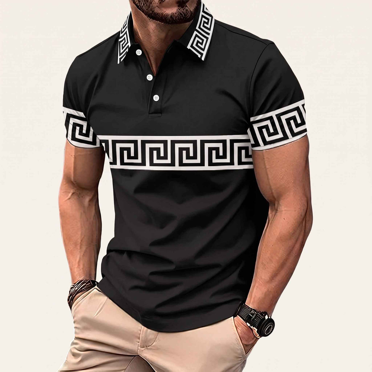 Somerset | Men's Greek Key Long Sleeve Polo Shirt