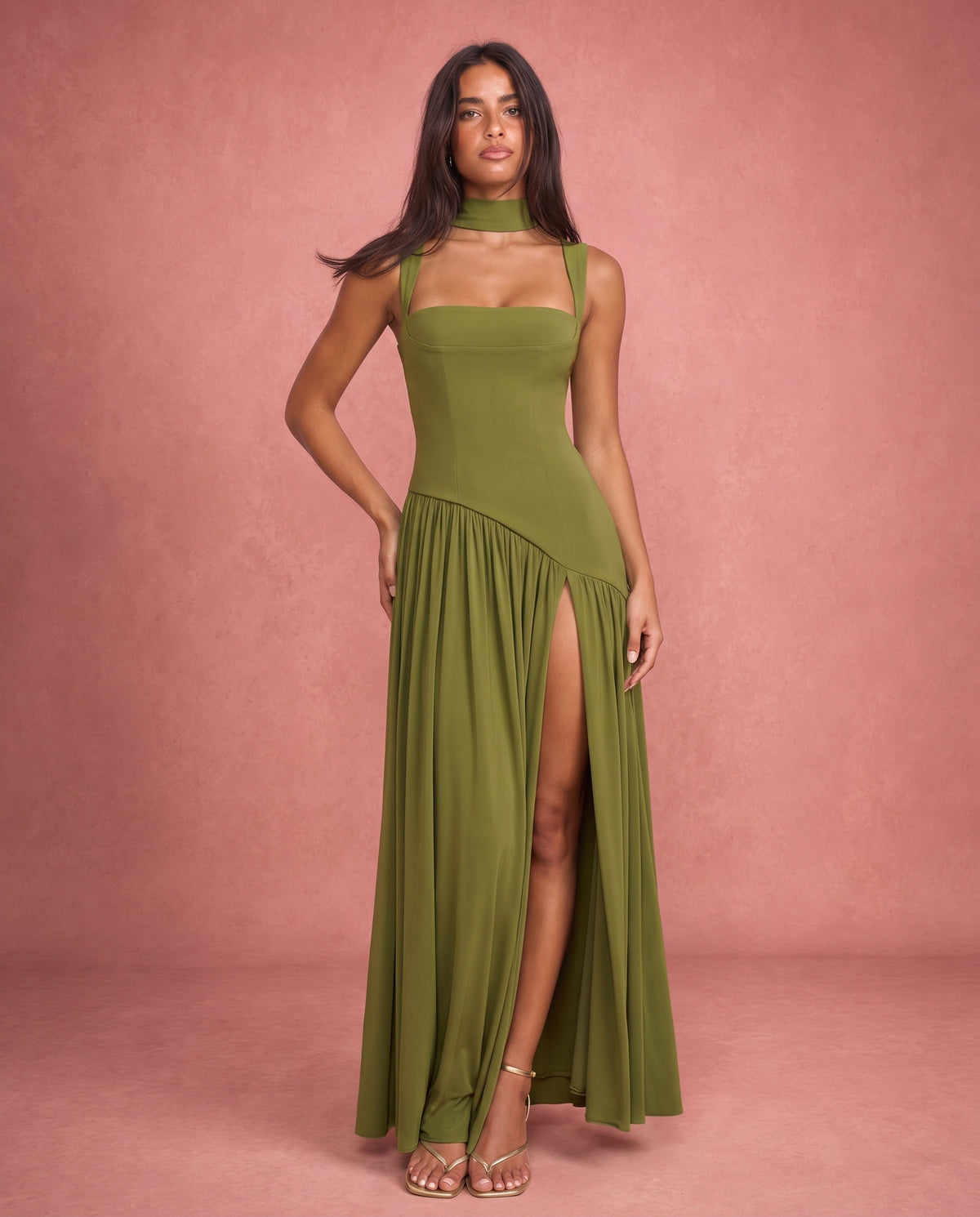 Violet | Satin-Feel Halter Neck Maxi Dress
