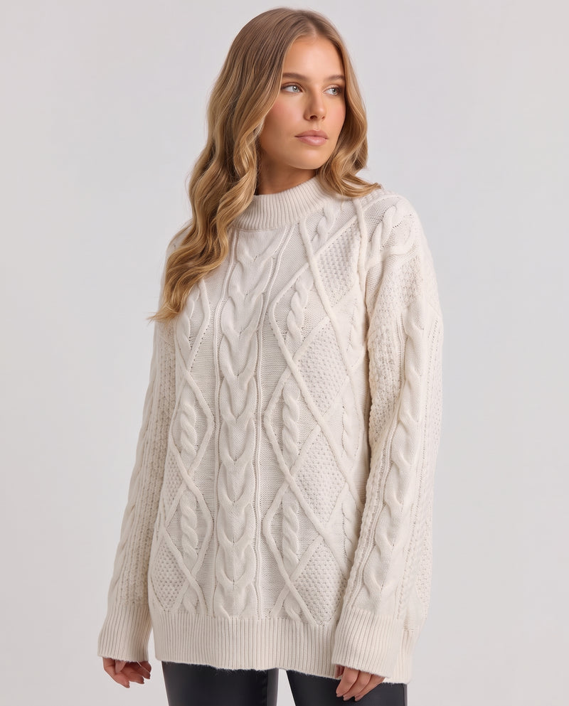 Domenica | Women's Oversized Cable Knit Jumper in White and Grey