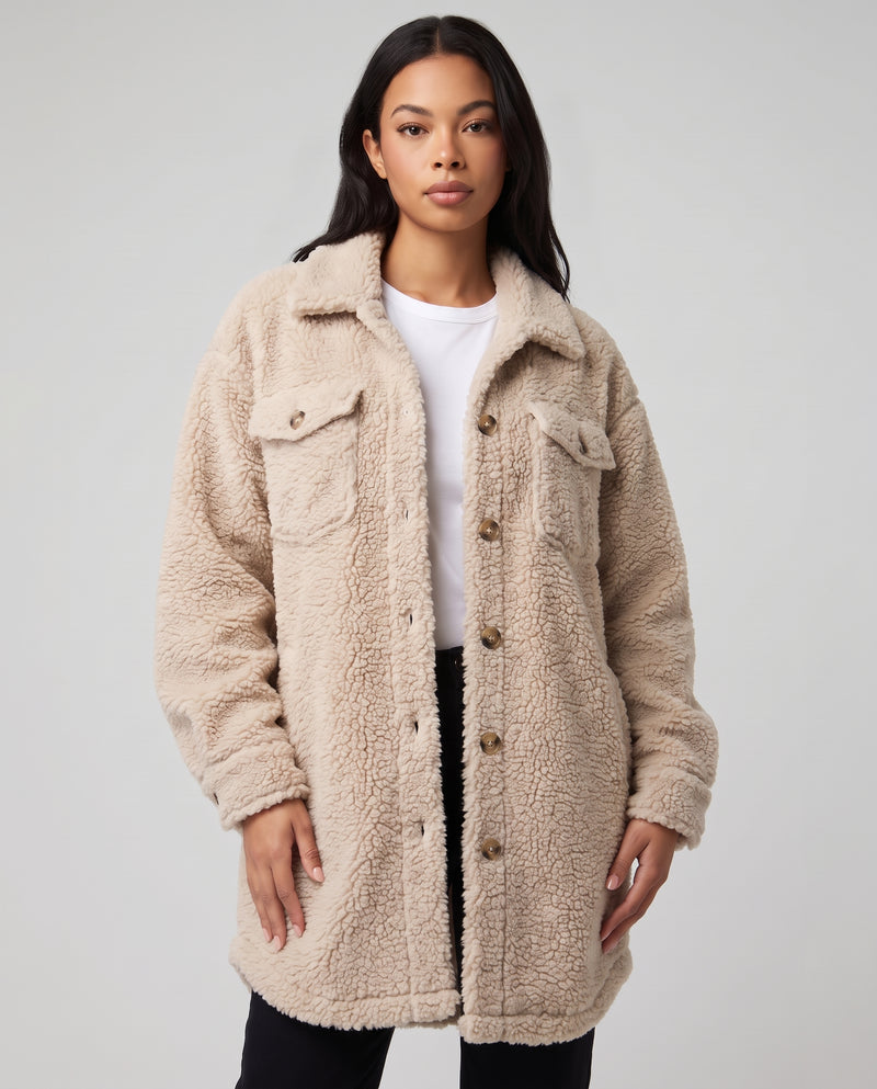 Fiorella | Women's Beige Oversized Sherpa Coat
